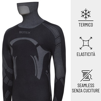 Biotex | Maglia intima termica a manica lunga Lupetto scaldacollo | Nero